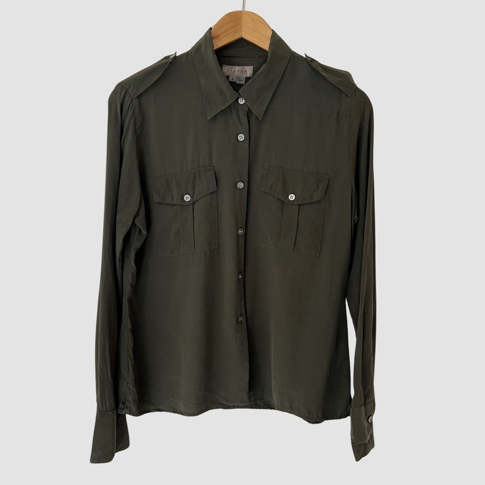 Jigsaw Khaki Military Button Down Silk Shirt Size 3 ($220)